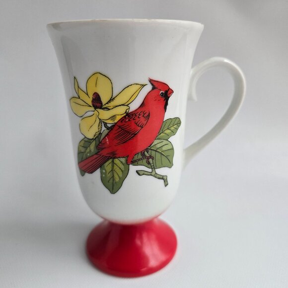 Vintage White Ceramic Mug With Red Cardinal On Yellow Flower Blossom Branch - Picture 6 of 16